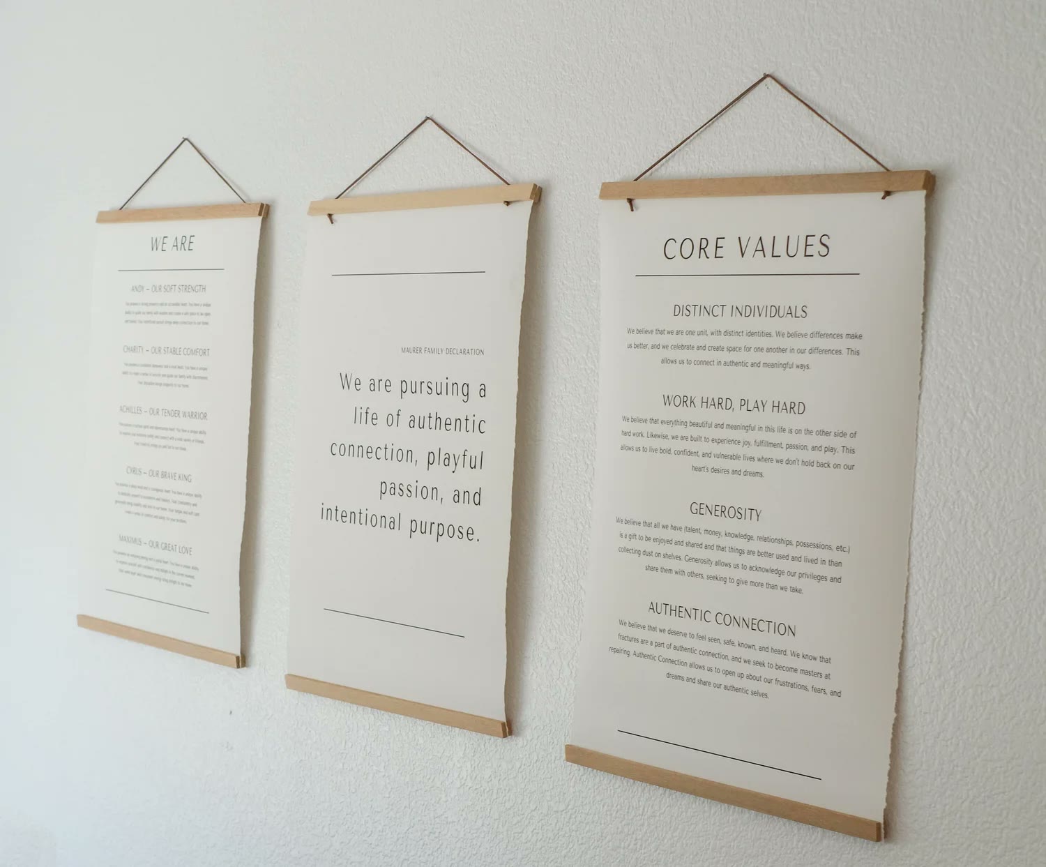 The Maurer family vision and values statements, framed and hanging on a wall